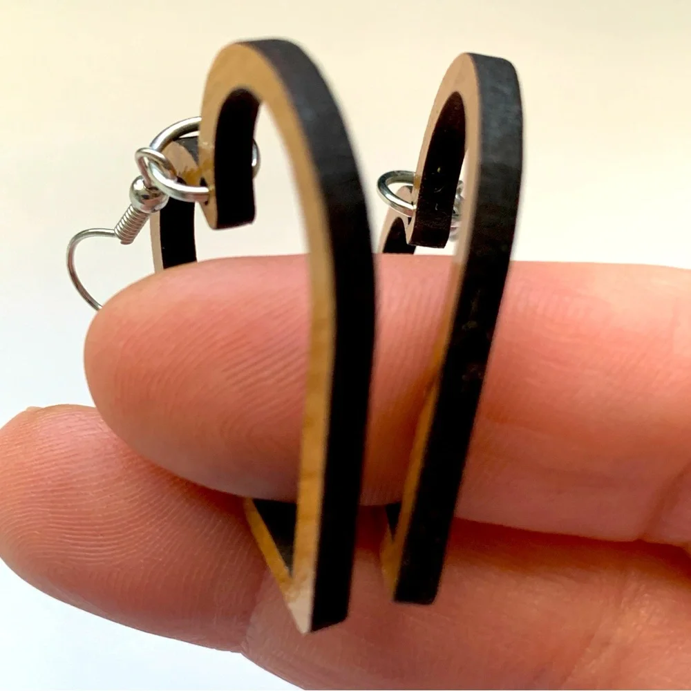Brown Wood Earrings with Heart and Circle Designs